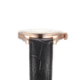 Side view of the William Wood Chivalrous Collection - Chocolate gold case wristwatch with a black leather strap and visible crown.