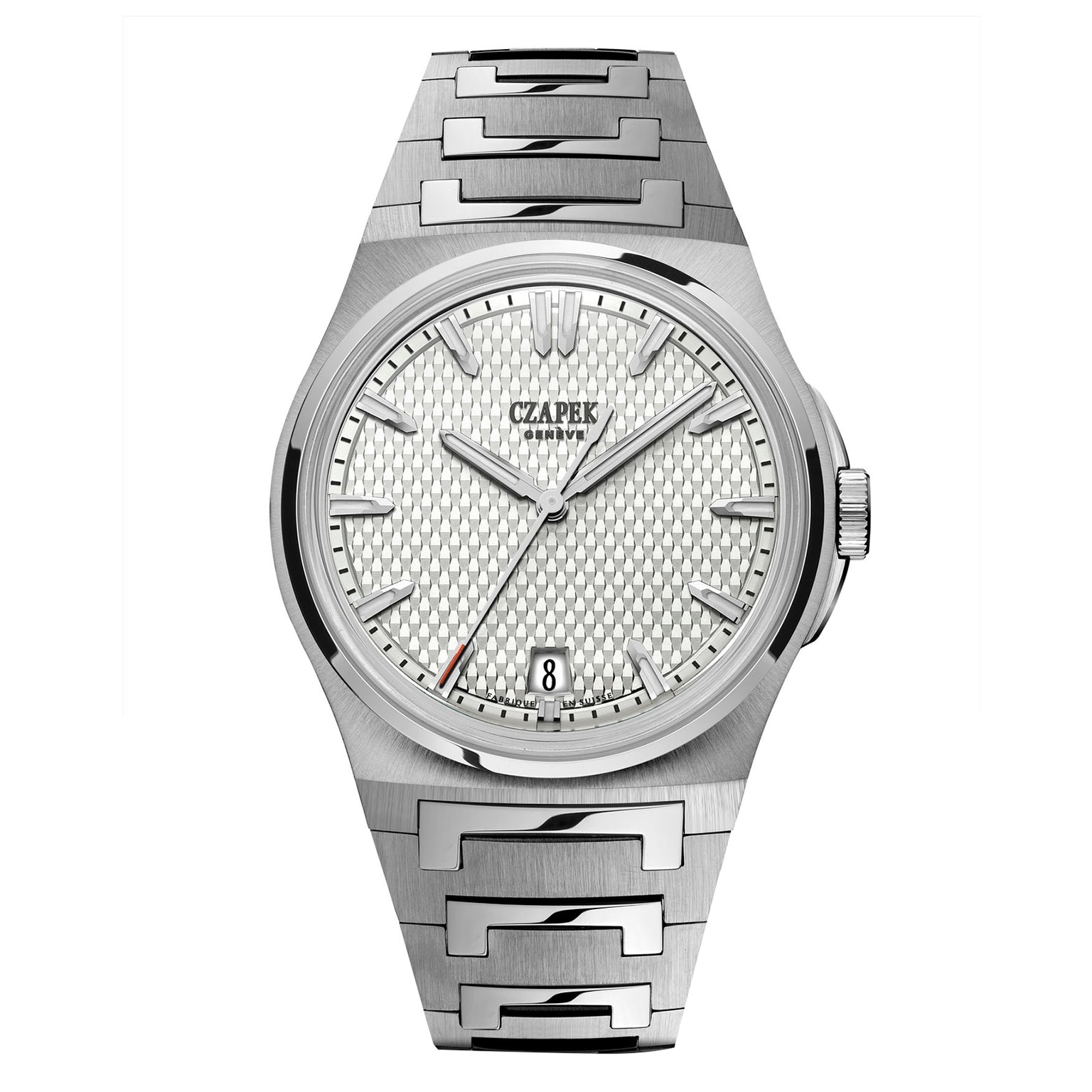 Czapek Antarctique Passage de Drake Ice White: silver metal wristwatch featuring a textured white dial, silver hour markers, and a date window at 6 o’clock.