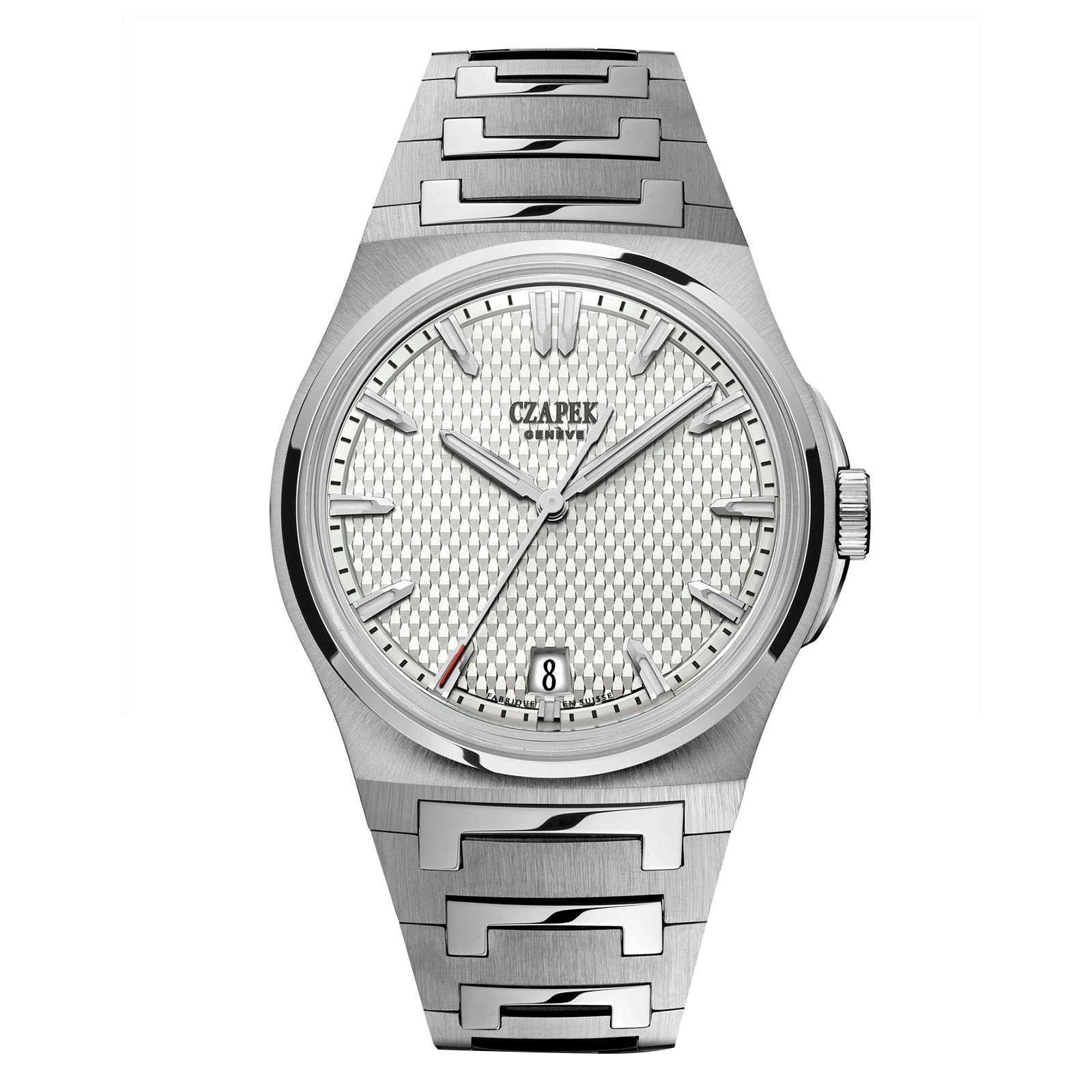 Czapek Antarctique Passage de Drake Ice White: silver metal wristwatch featuring a textured white dial, silver hour markers, and a date window at 6 o’clock.