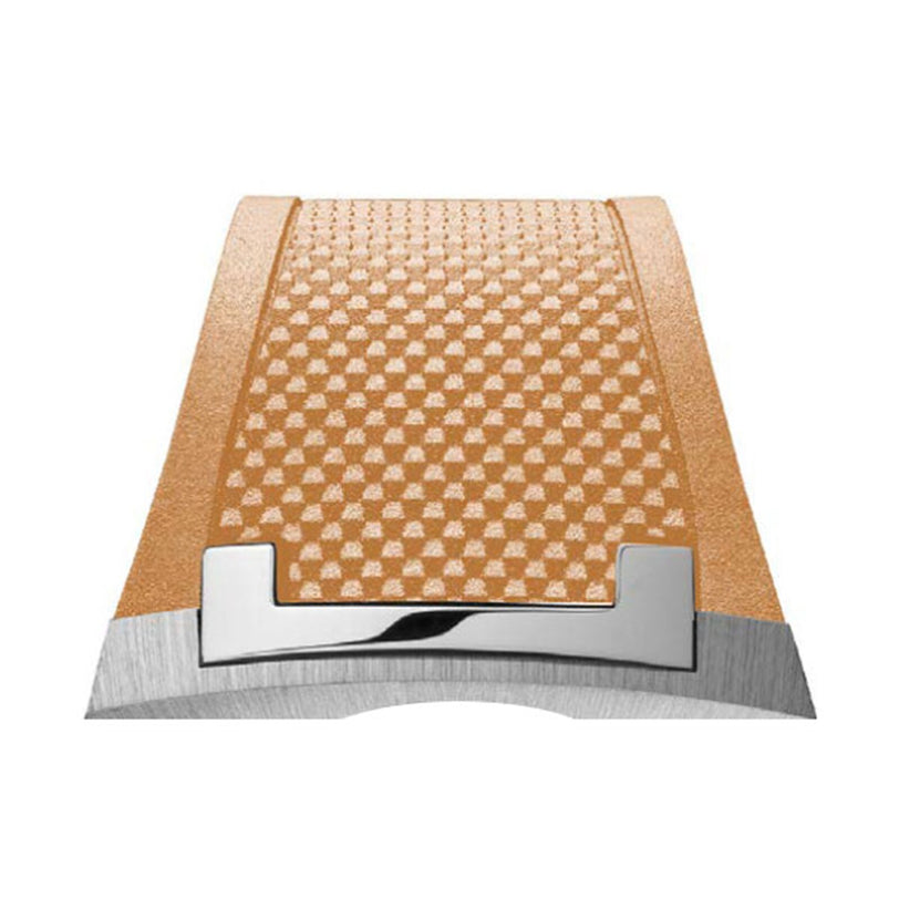 Close-up of the Czapek Antarctique Passage de Drake Salmon S’s textured tan and metal strap with a geometric pattern, displayed against a white background.