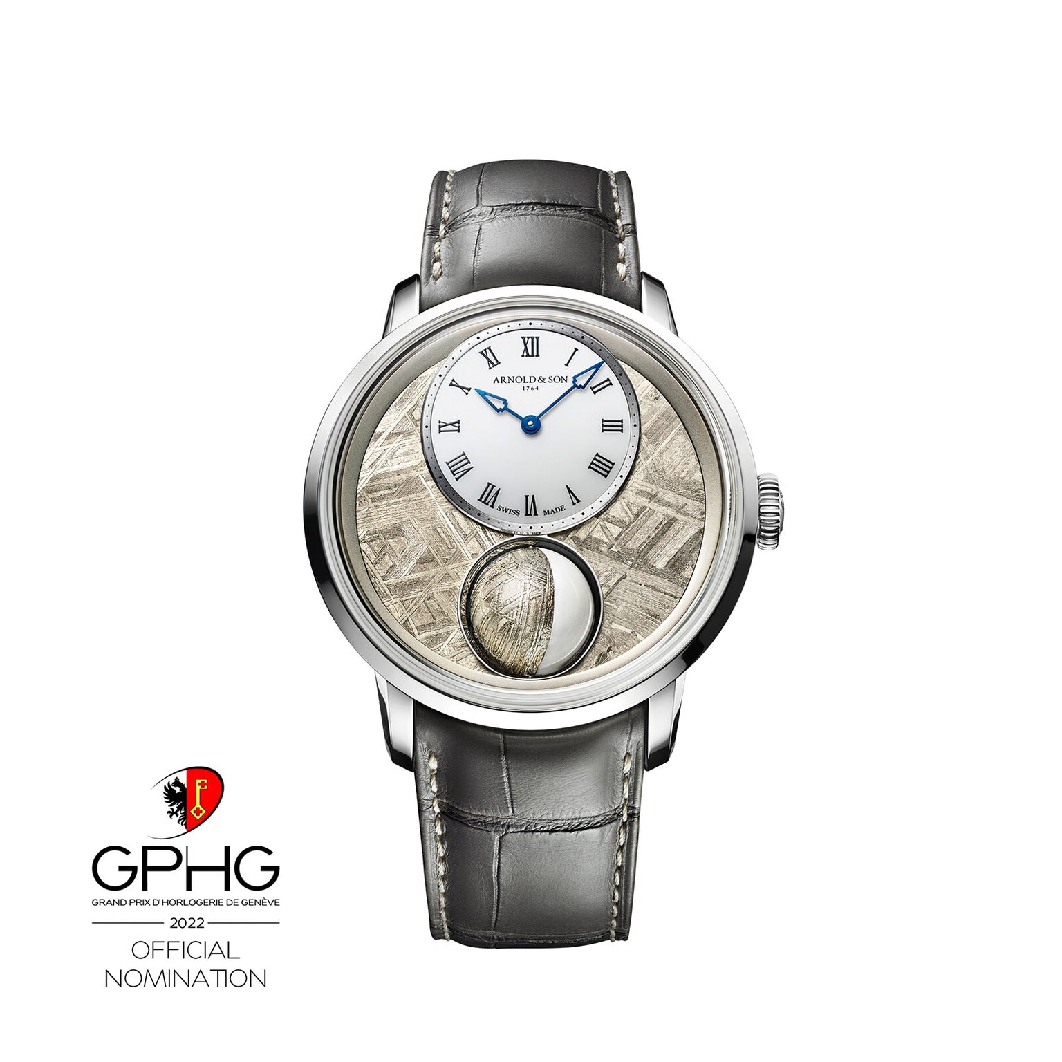 The Arnold & Son Luna Magna Platinum is a luxury wristwatch with a meteorite dial, moonphase display, grey leather strap, and a GPHG nomination badge.