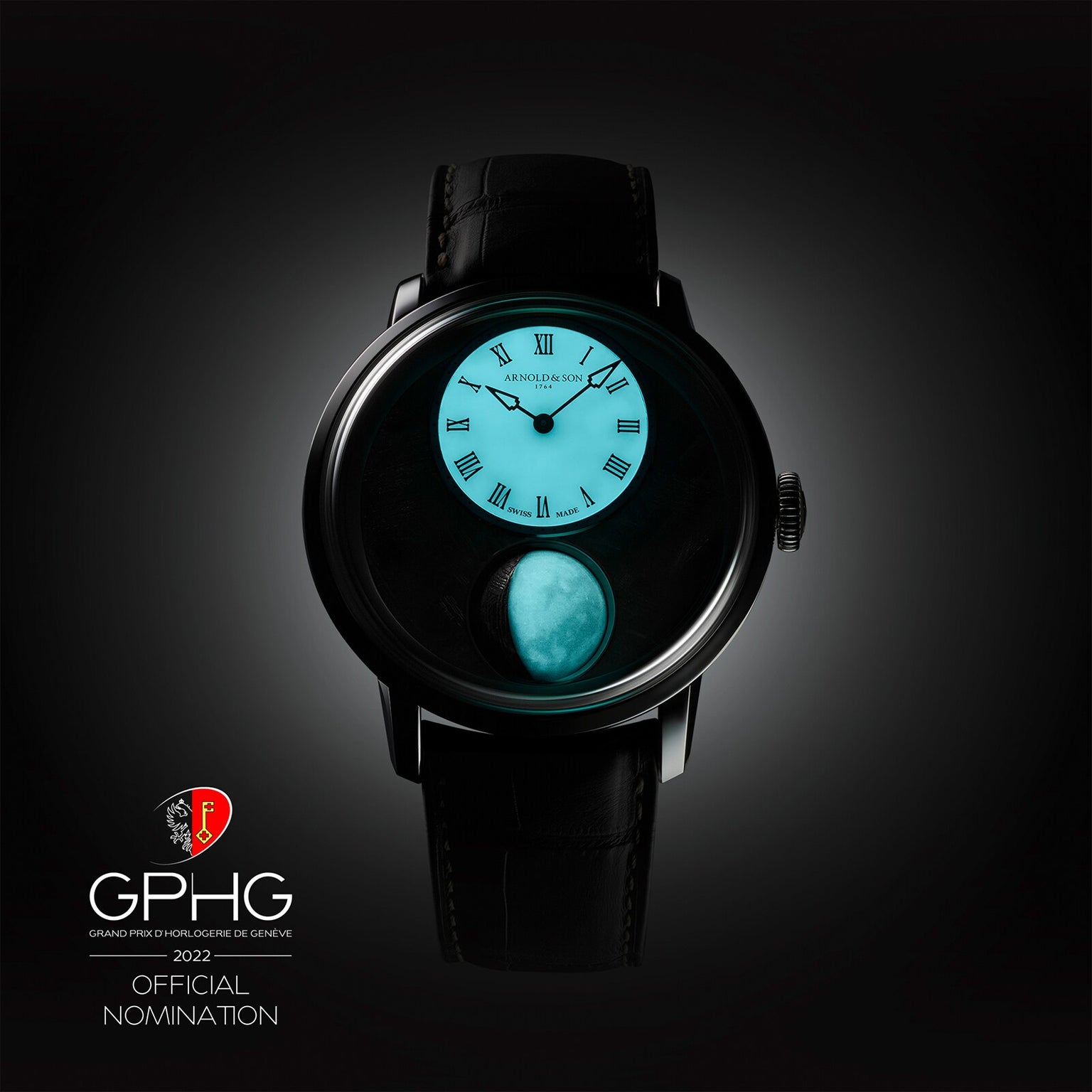 The Arnold & Son Luna Magna Platinum is a luxury wristwatch with a turquoise dial and black strap, officially nominated by GPHG 2022.