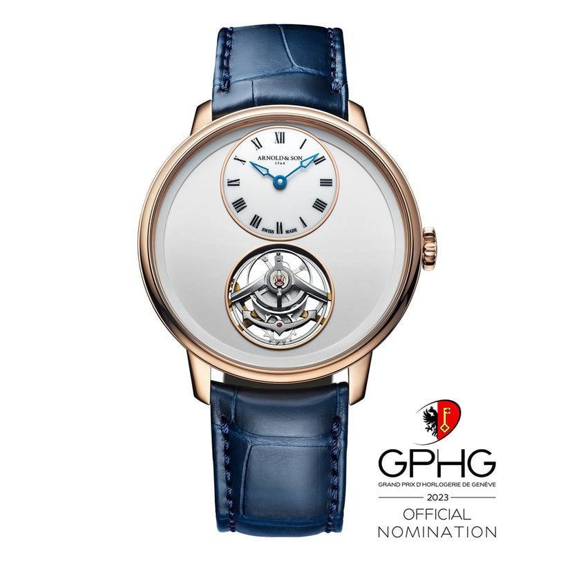 The Arnold & Son Ultrathin Tourbillon Red Gold features a blue leather strap, white dial, tourbillon complication, and a GPHG 2023 official nomination logo.