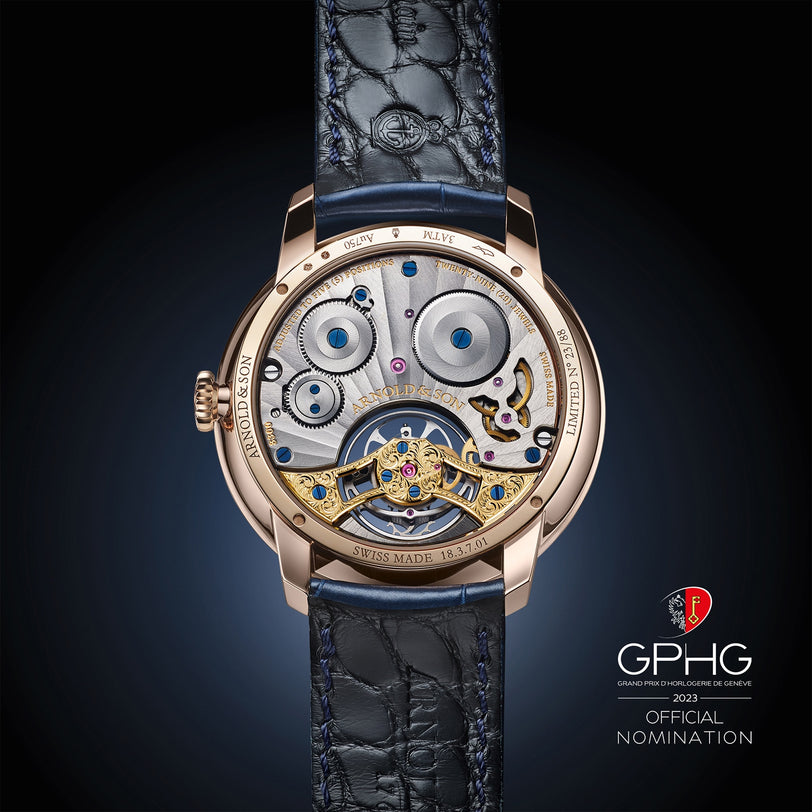 The Arnold & Son Ultrathin Tourbillon Red Gold features a blue leather strap, intricate mechanical back, and the GPHG 2023 official nomination logo.