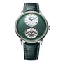 Arnold & Son Ultrathin Tourbillon Platinum: luxury wristwatch featuring a green textured dial, white subdial, and green leather strap.