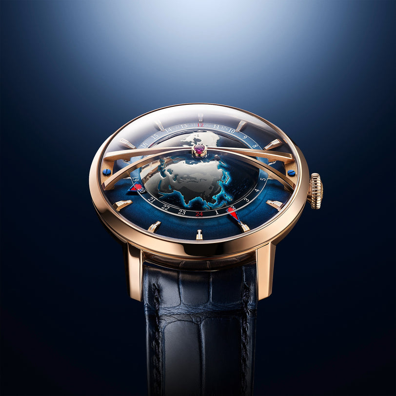 The Arnold & Son Globetrotter Red Gold features a globe design, red gold case, blue dial, and black leather strap, showcased against a gradient background.