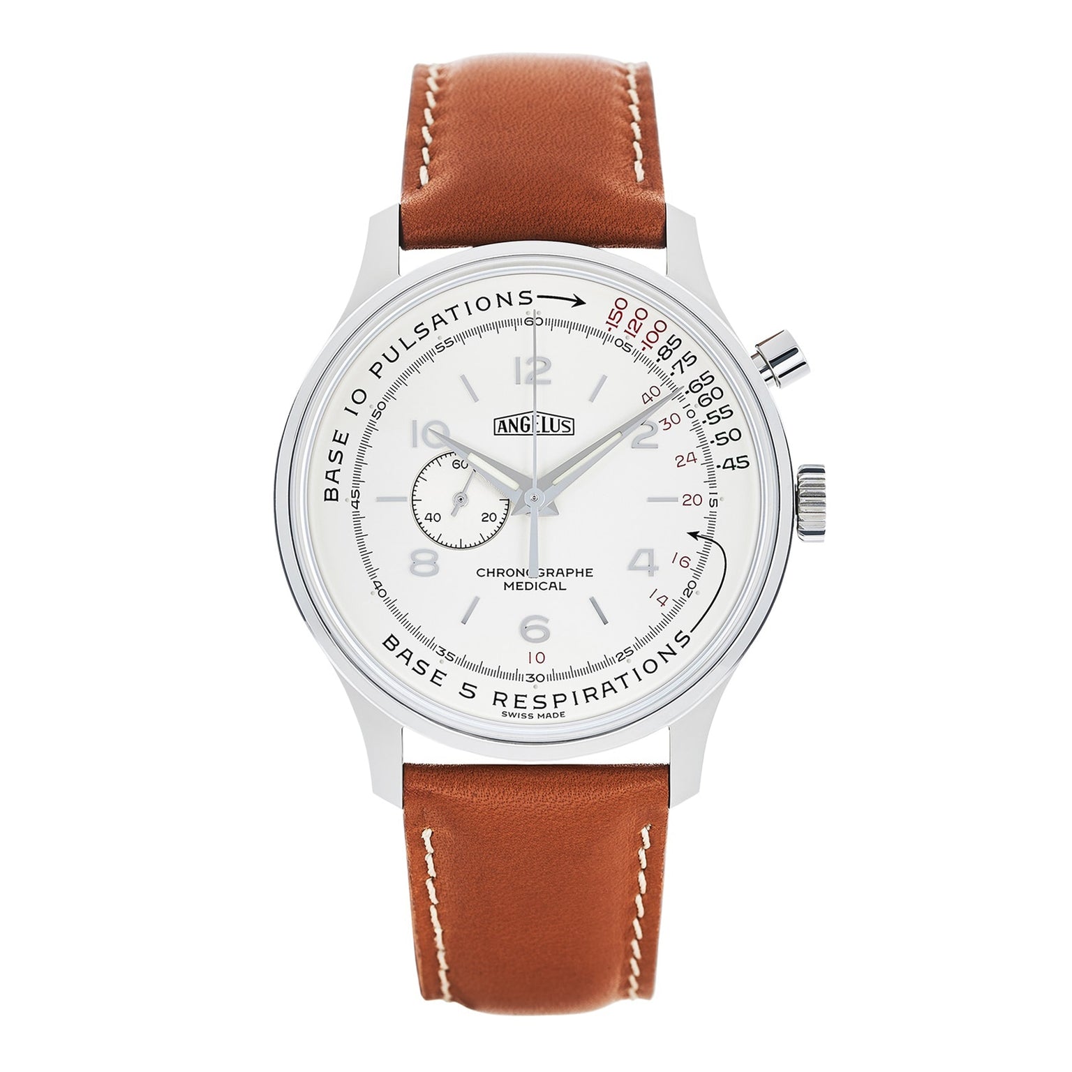 Angelus Chronographe Médical: a silver medical chronograph wristwatch with white dial, brown leather strap, and pulsations/respirations scales.