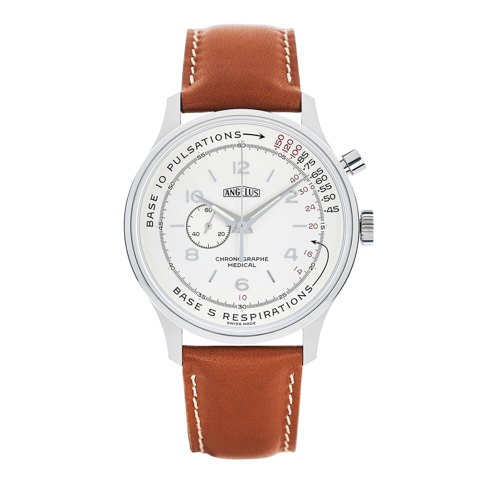 Angelus Chronographe Médical: a silver medical chronograph wristwatch with white dial, brown leather strap, and pulsations/respirations scales.