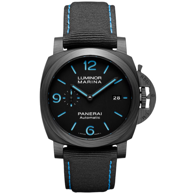 The Panerai Luminor Marina Carbotech™ is a black automatic watch with a round dial, blue numerals and markers, date at 3 o’clock, black strap with blue stitching, P.9010 calibre movement, and a 3-day power reserve.