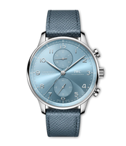 Portugieser Chronograph | 41mm, 18K White Gold, Leather, Blue Dial