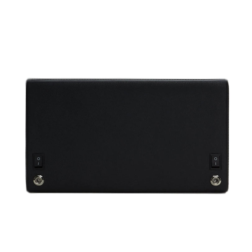 The WOLF Cub Double Watch Winder with Cover is a black rectangular device featuring two switches and two metallic buttons on the front, shown against a white background.