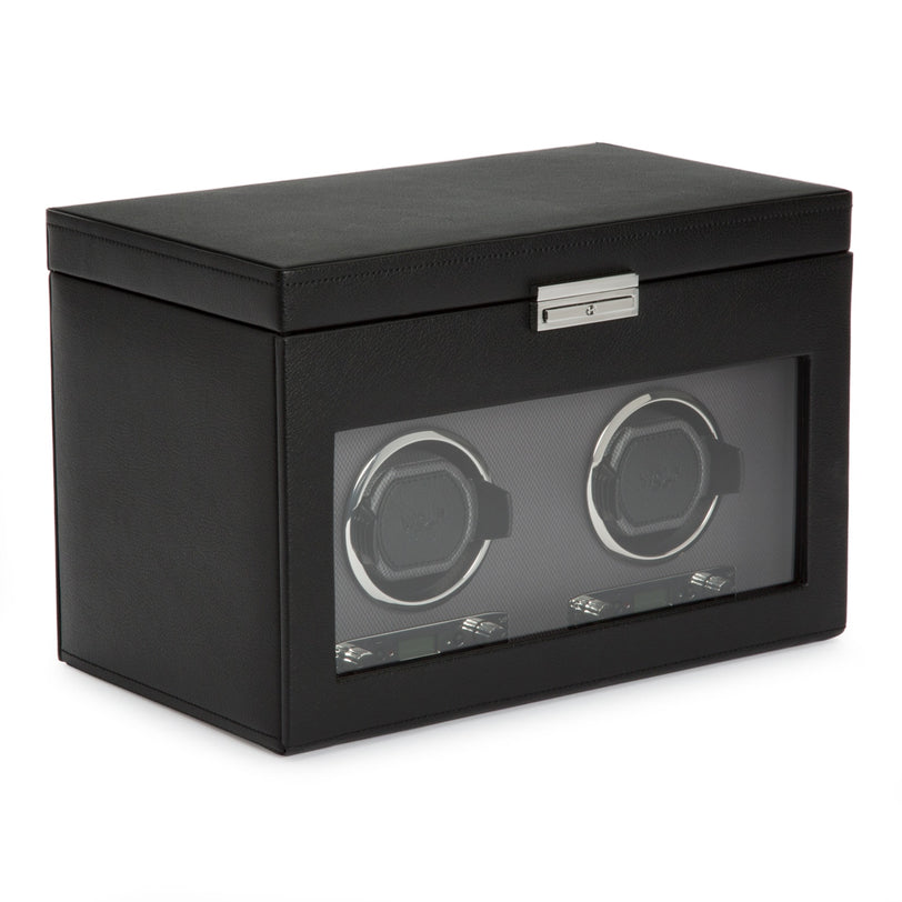The WOLF Classic Single Watch Winder with Storage features a glass front and reveals two watch holders inside.