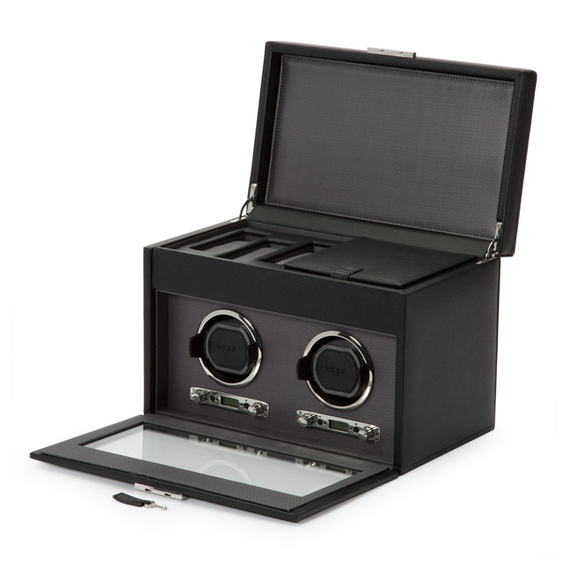 WOLF Classic Single Watch Winder with Storage: features a black leather box, glass front, open lid, and slots for storing your watch and accessories.