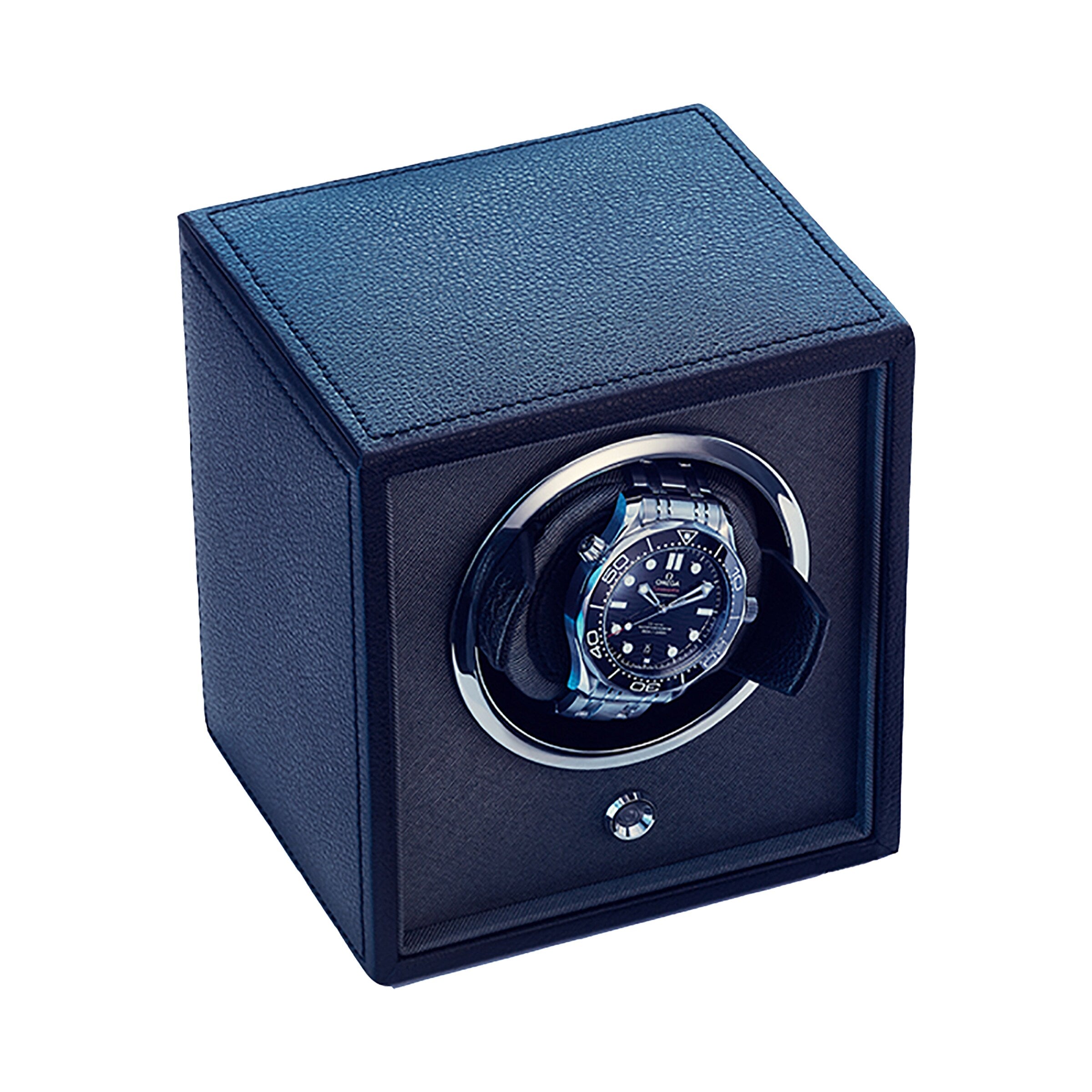 The WOLF Cub Black Winder, featuring a luxury wristwatch inside, is displayed against a white background.