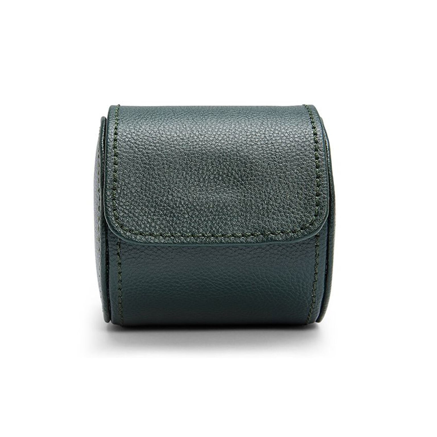 The WOLF British Racing Single Watch Roll in dark green leather features a flap closure and is photographed on a white background.
