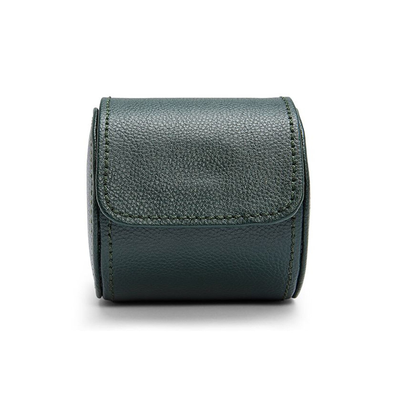 The WOLF British Racing Single Watch Roll in dark green leather features a flap closure and is photographed on a white background.