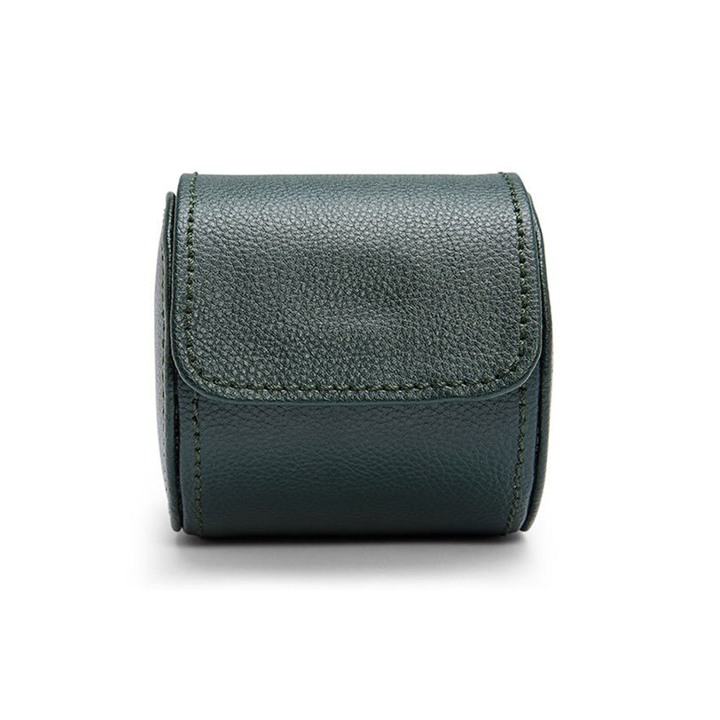 The WOLF British Racing Single Watch Roll in dark green leather features a flap closure and is photographed on a white background.