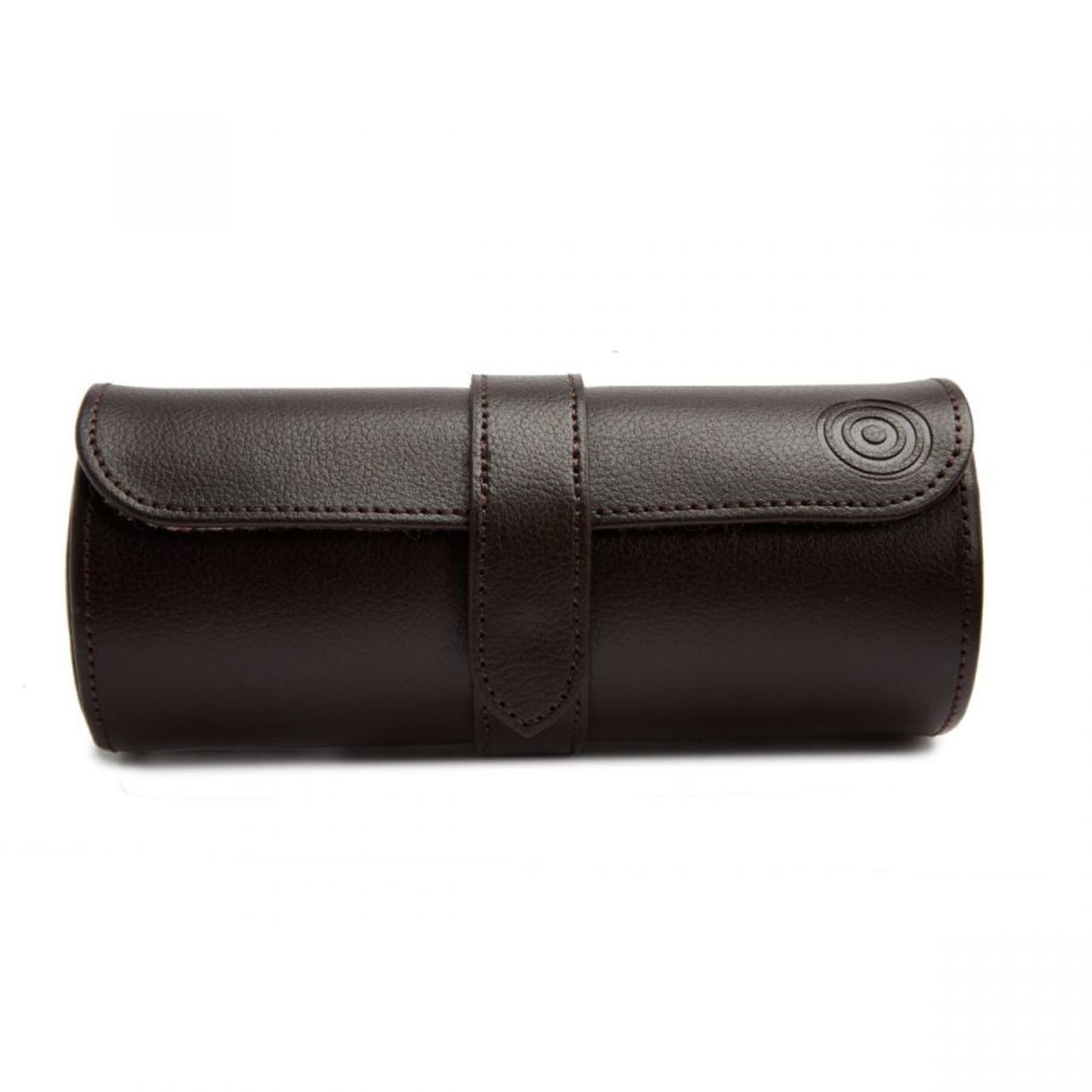 The WOLF WM Brown Watch Roll with Cigar Case is a brown leather cylindrical case featuring a strap and snap button closure.