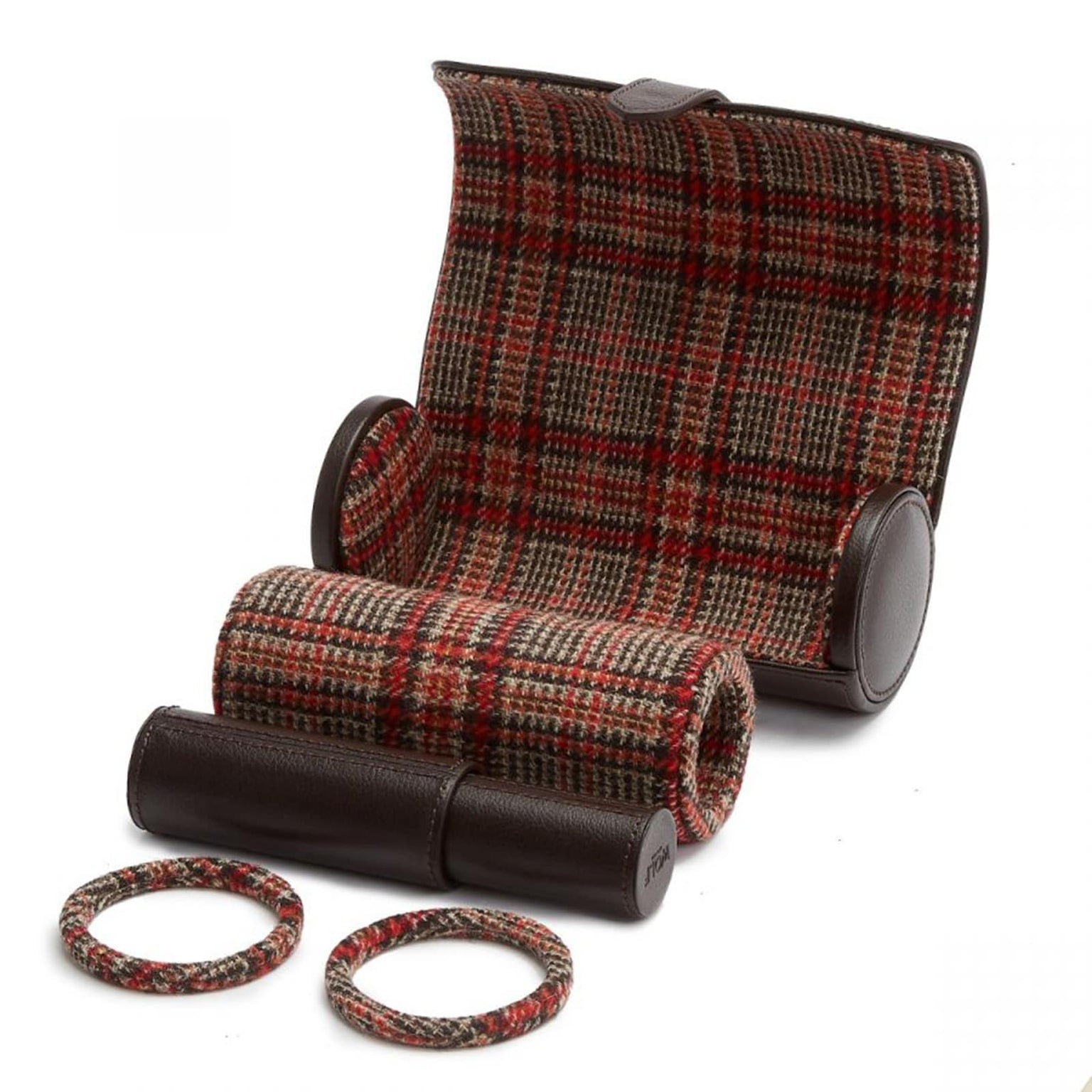 The WOLF WM Brown Watch Roll with Cigar Case features a plaid pattern in brown, red, and beige tones, offering coordinated style and storage for your accessories.