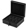 The WOLF British Racing 8 Piece Watch Box features eight compartments with black watch cushions and a key lock on the front.