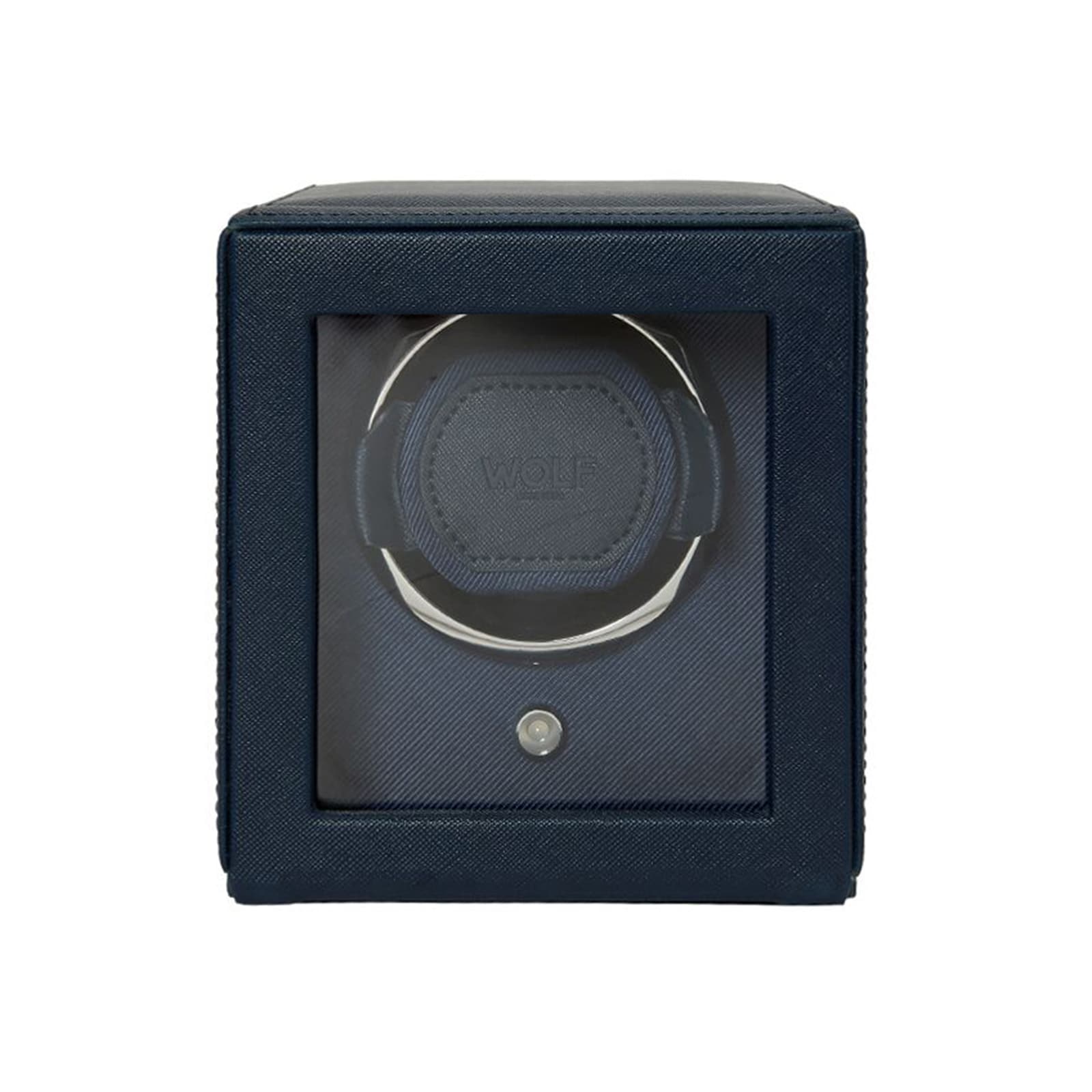 Navy blue WOLF Cub Single Watch Winder with Cover, featuring a transparent front that displays the watch holder inside.
