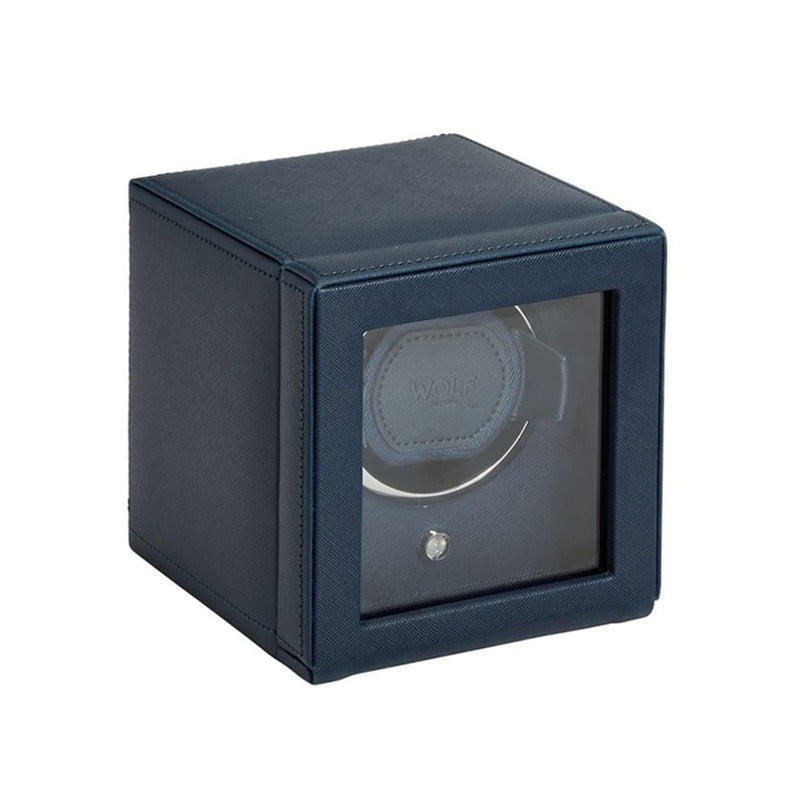 The WOLF Cub Single Watch Winder with Cover features navy blue leather, a glass front panel, and a visible interior cushion.