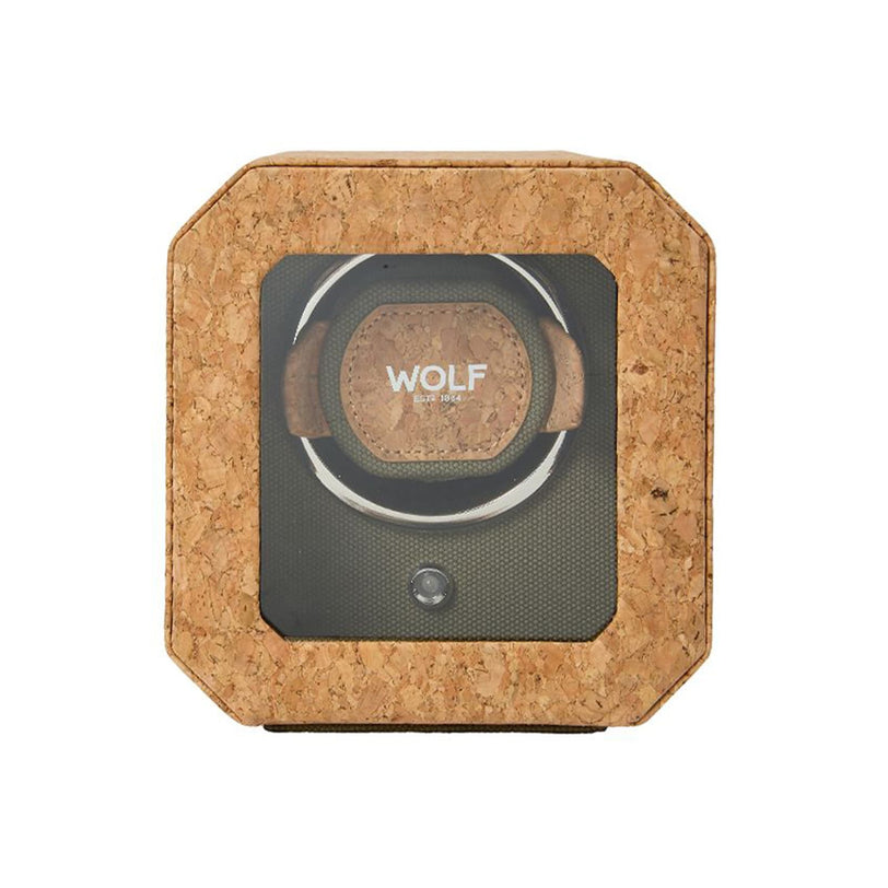 The WOLF Cortica Single Watch Winder features a square cork design with a glass front, showcasing one watch inside and displaying the WOLF logo.