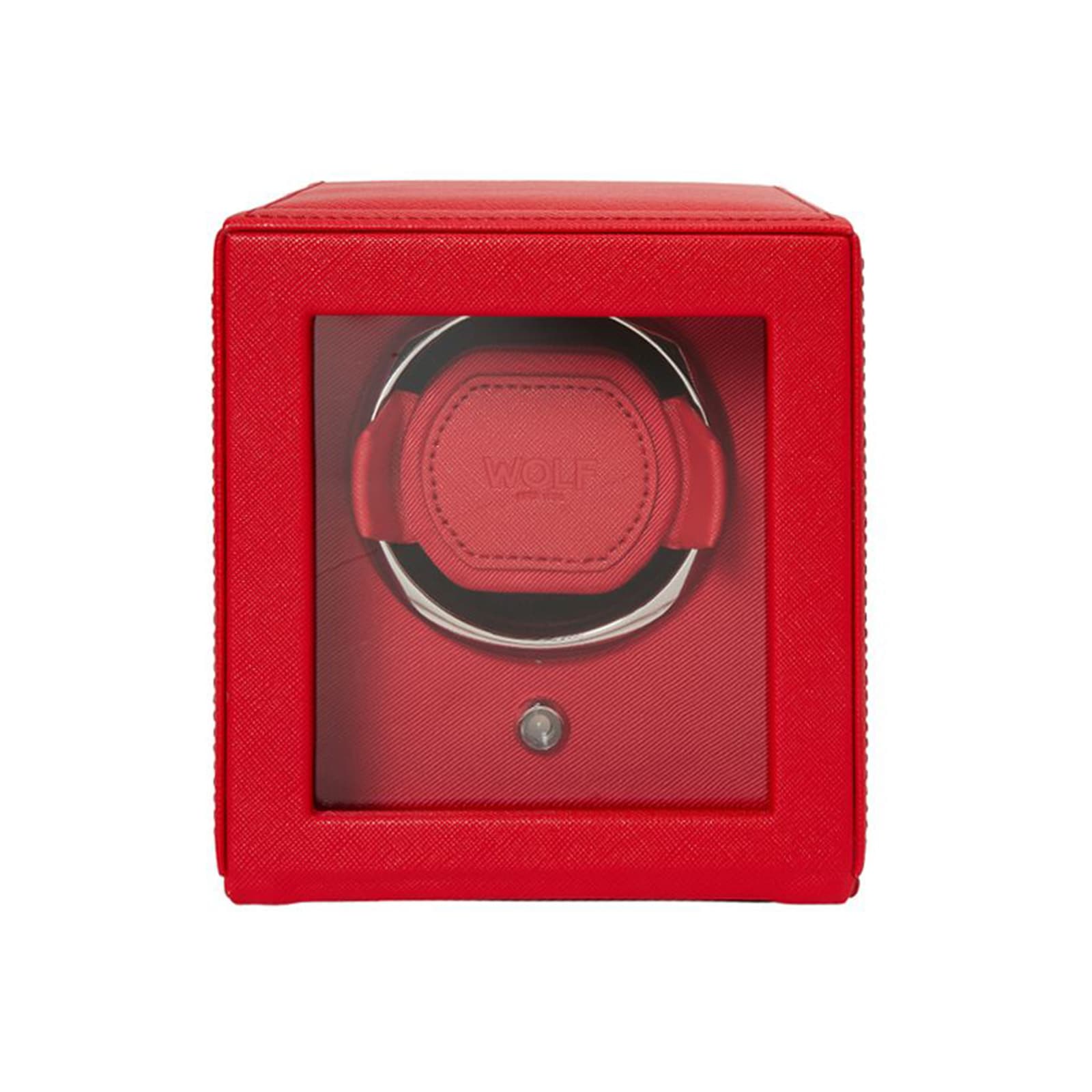 The WOLF Cub Single Watch Winder features a glass front, a round compartment for one watch, and a bold red square design.