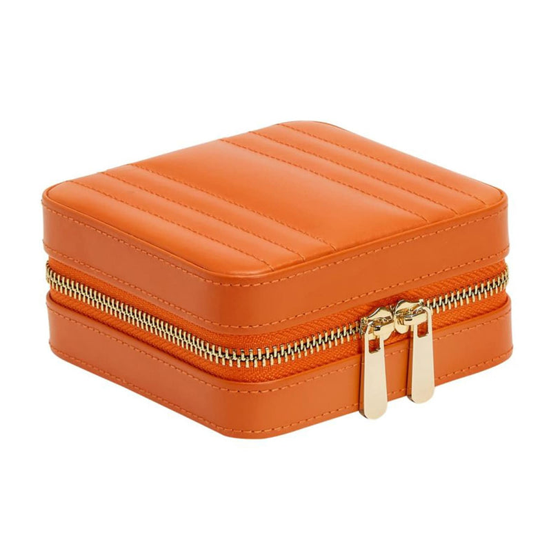 The WOLF Maria Small Zip Case is a square orange leather case with a gold zipper and two zipper pulls, shown closed on a white background.