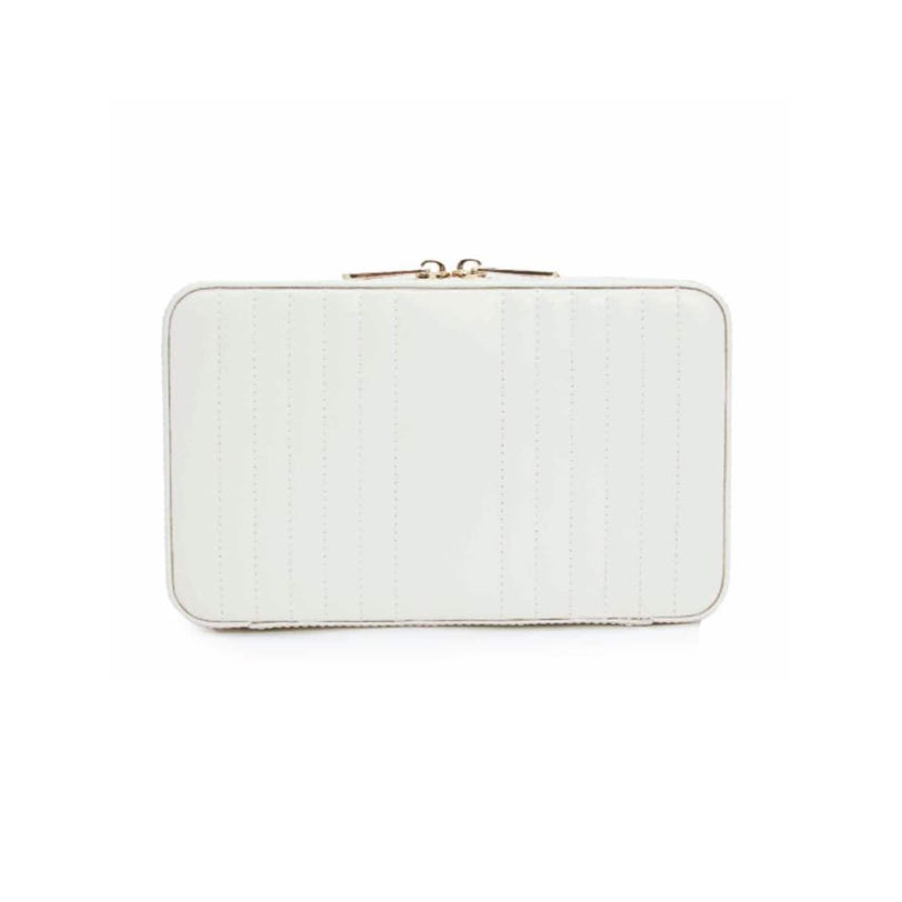 The WOLF Maria Medium Zip Case is a rectangular white clutch with vertical stitching and a metallic top clasp.