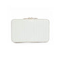 The WOLF Maria Medium Zip Case is a rectangular white clutch with vertical stitching and a metallic top clasp.