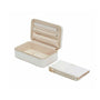 The Maria Medium Zip Case by WOLF is shown open in cream, revealing compartments, beside a matching closed pouch.