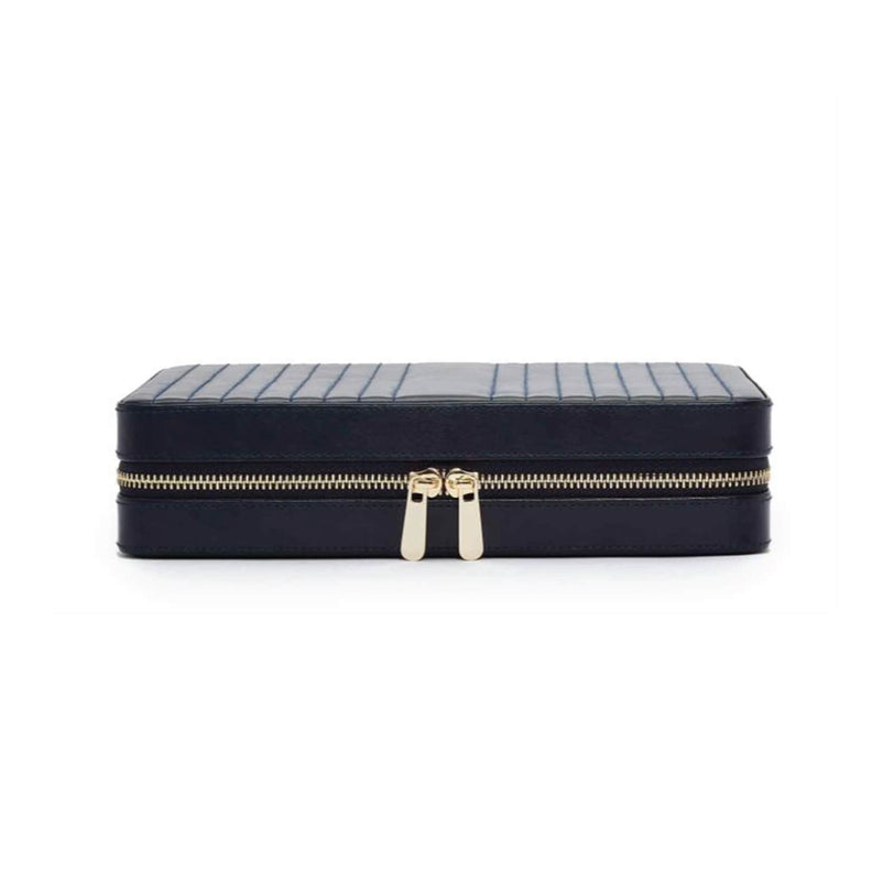 The WOLF Maria Large Zip Case is a rectangular black leather case with gold hardware, pictured closed on a white background.
