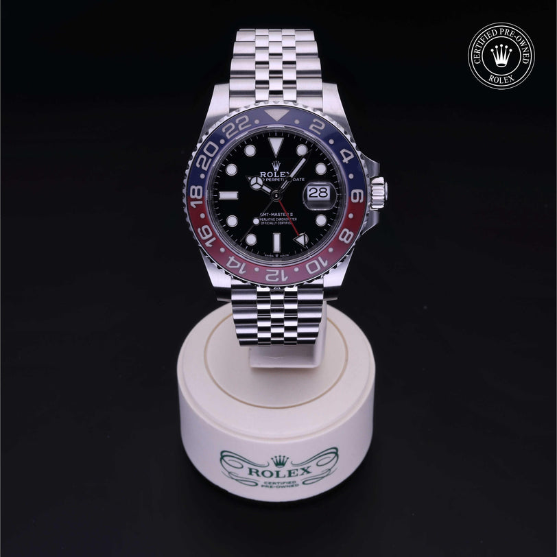 Rolex Certified Pre-owned GMT M126710BLRO-0001 front on black background