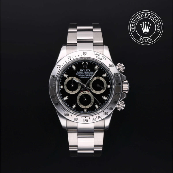 Rolex Certified Pre-owned Daytona M116520-0009 front on black background