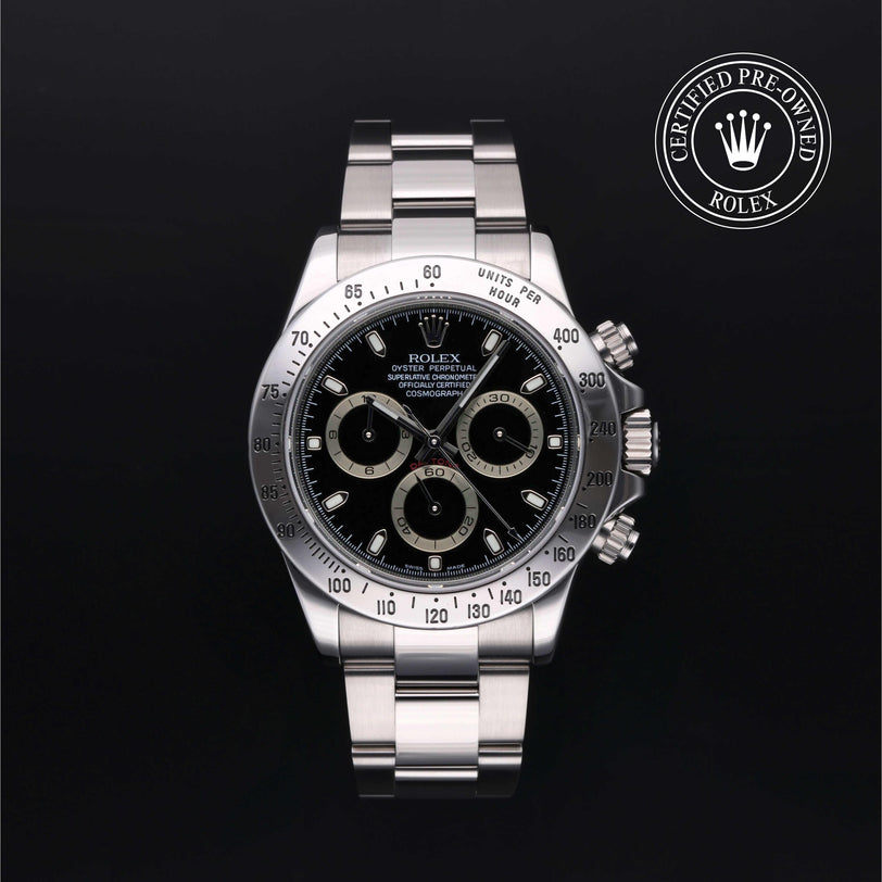 Rolex Certified Pre-owned Daytona M116520-0009 front on black background