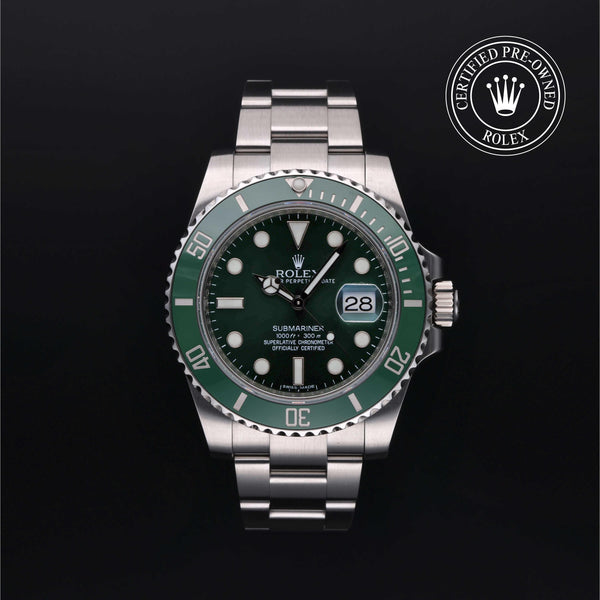 Rolex Certified Pre-owned Submariner M116610LV-0002 front on black background