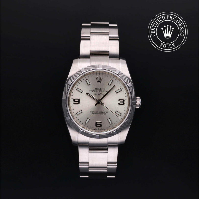 Rolex Certified Pre-owned Air-King M114210-0004 front on black background