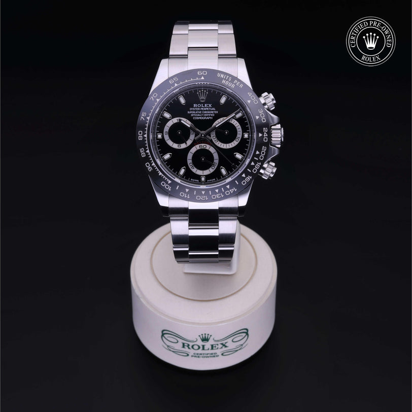 Rolex Certified Pre-owned Daytona M116500LN-0002 front on black background