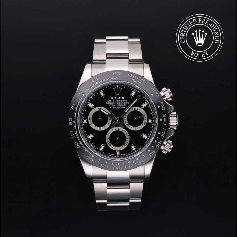 Rolex Certified Pre-owned Daytona M116500LN-0002 front on black background