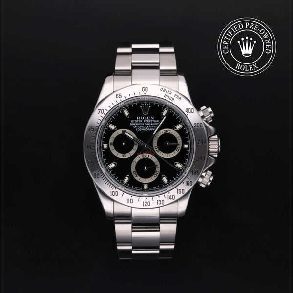 Rolex Certified Pre-owned Daytona M116520-0011 front on black background