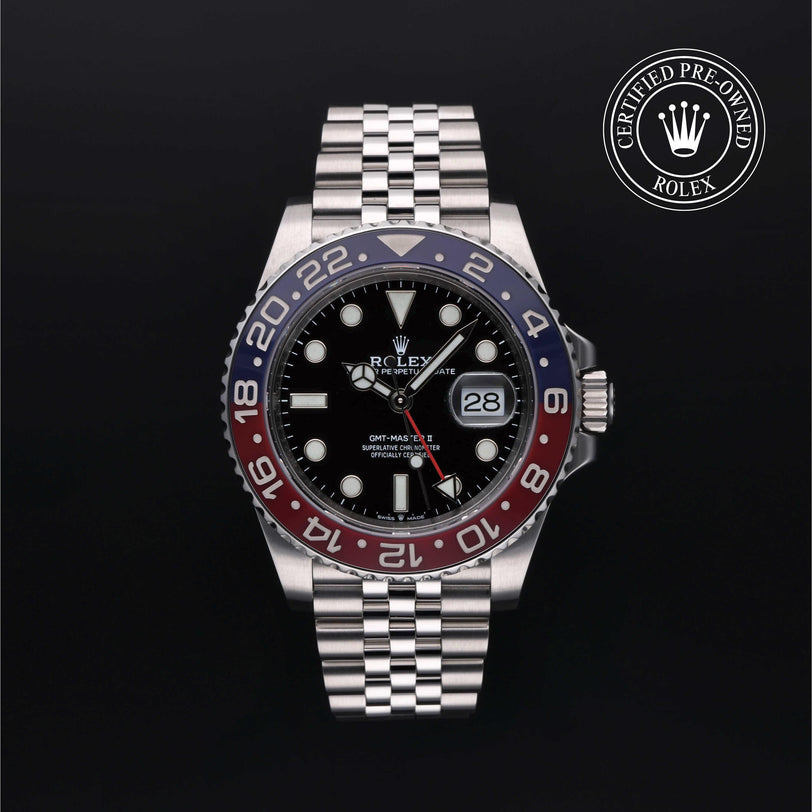 Rolex Certified Pre-owned GMT M126710BLRO-0001 front on black background