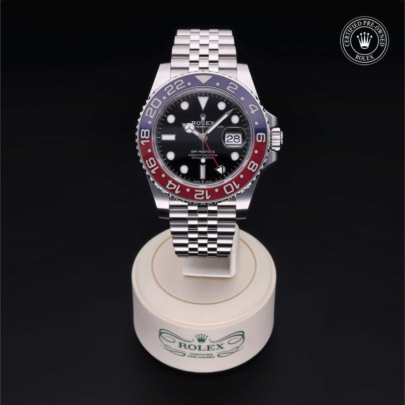 Rolex Certified Pre-owned GMT II M126710BLRO-0001 front on black background