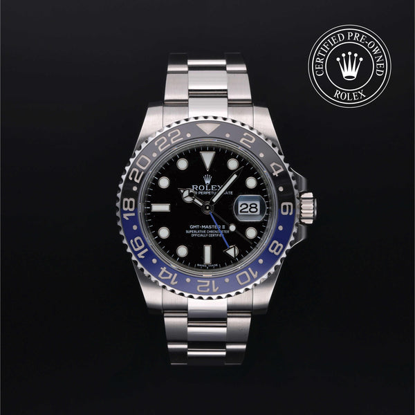 Rolex Certified Pre-owned GMT M116710BLNR-0002 front on black background