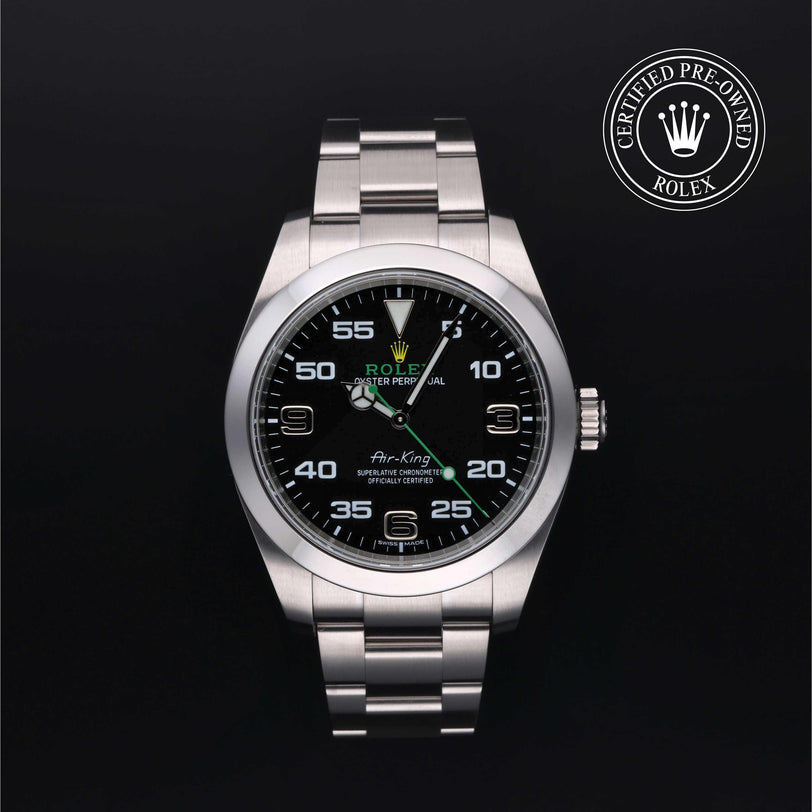 Rolex Certified Pre-owned Air-King M116900-0001 front on black background