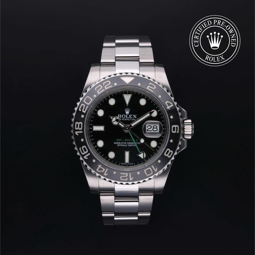 Rolex Certified Pre-owned GMT M116710LN-0001 front on black background