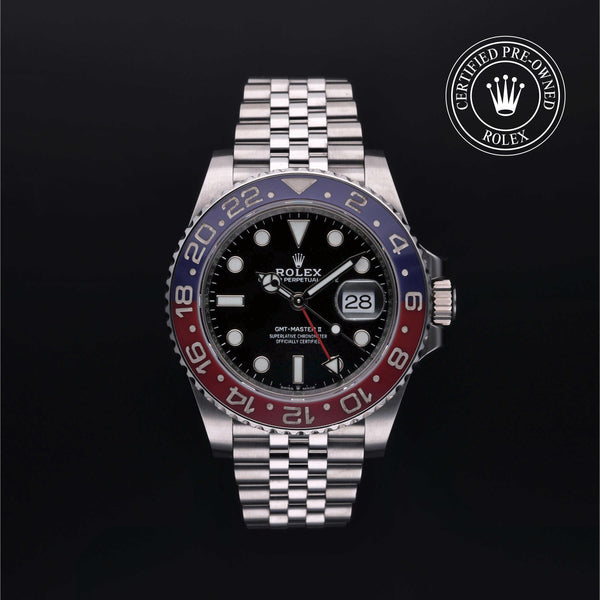 Rolex Certified Pre-owned GMT M126710BLRO-0001 front on black background