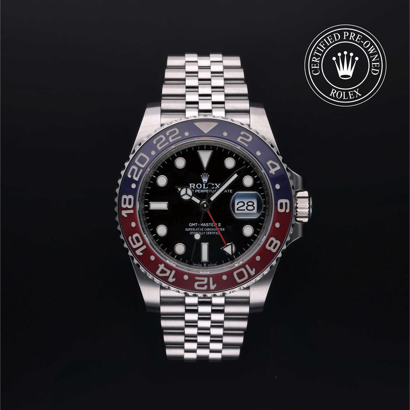 Rolex Certified Pre-owned GMT M126710BLRO-0001 front on black background