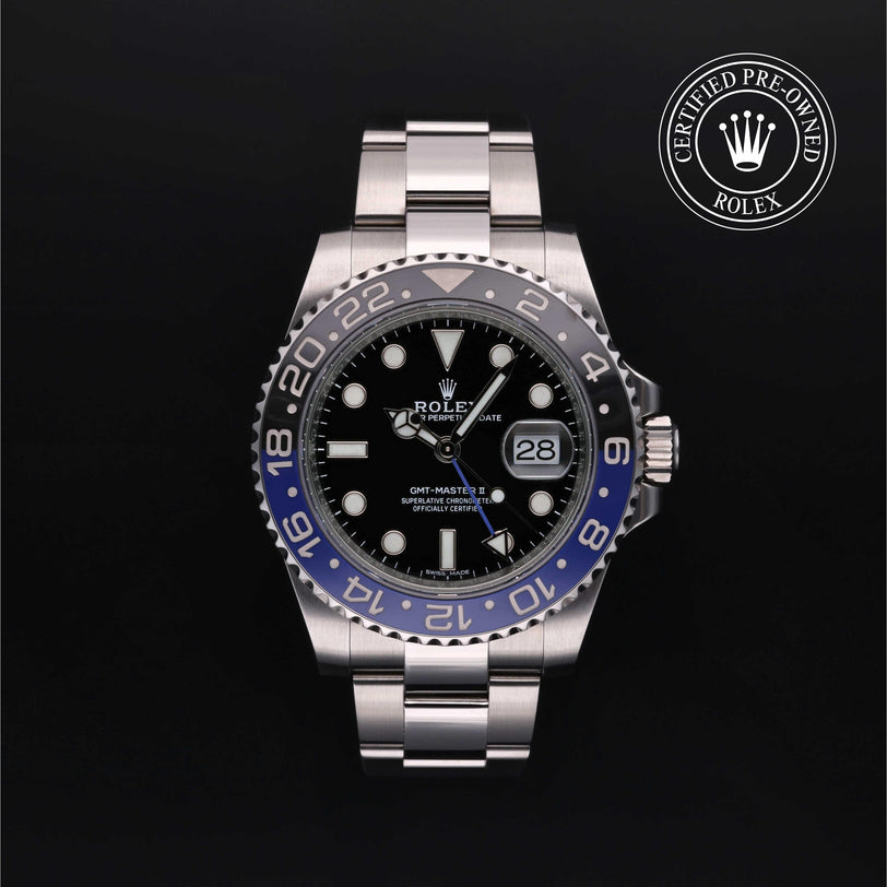 Rolex Certified Pre-owned GMT II M116710BLNR-0002 front on black background