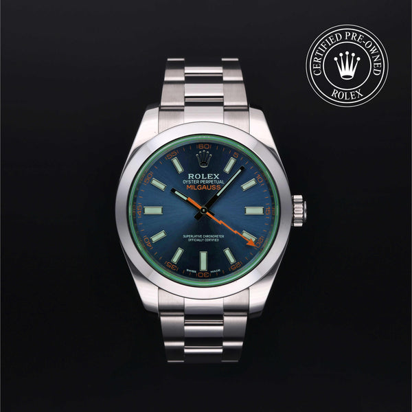 Rolex Certified Pre-owned Milgauss M116400GV-0002 front on black background